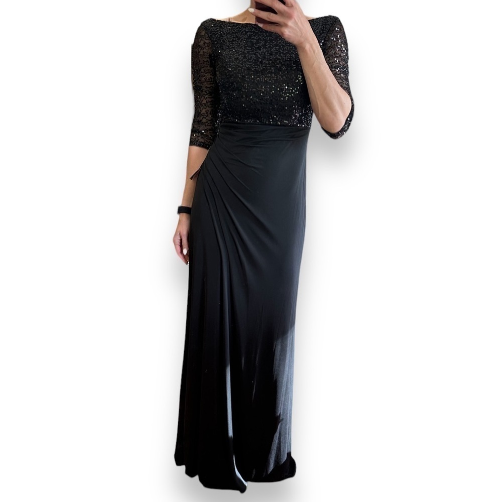 La Femme Black Sequin Jersey Column Gown 4 NWT new 3/4 long sleeve ruched 24858